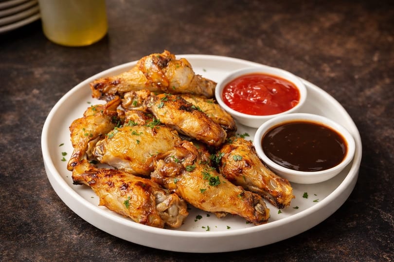 Golden brown chicken wings with parsley flakes, served with ketchup and BBQ sauce on a white plate.