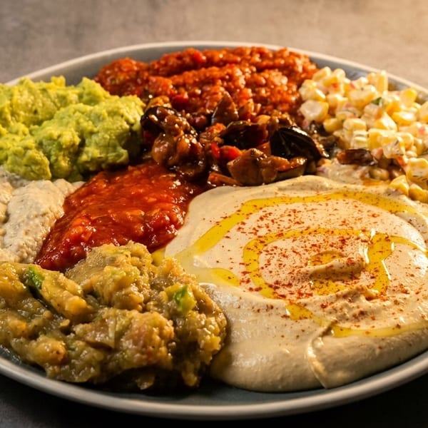 A large platter of various dips, including hummus, guacamole, salsa, and corn salad.