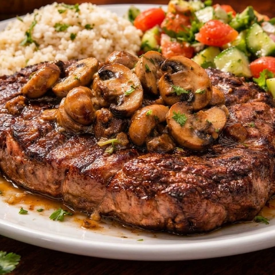 Grilled steak topped with mushrooms, served with rice pilaf and a cucumber tomato salad.