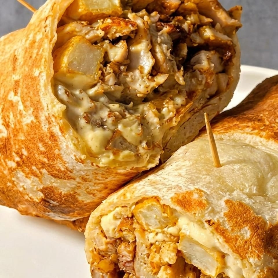 Two halves of a grilled chicken and potato wrap, filled with creamy sauce, on a white plate.