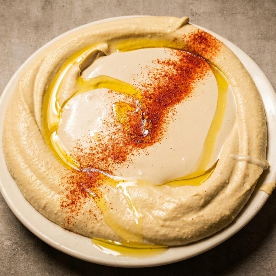 Creamy hummus swirled on a white plate, drizzled with olive oil and sprinkled with paprika.