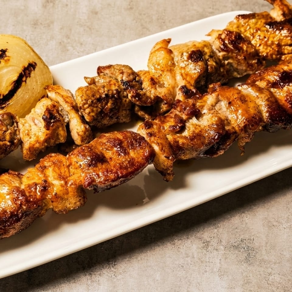 Two skewers of grilled meat and one grilled onion half on a white rectangular plate.