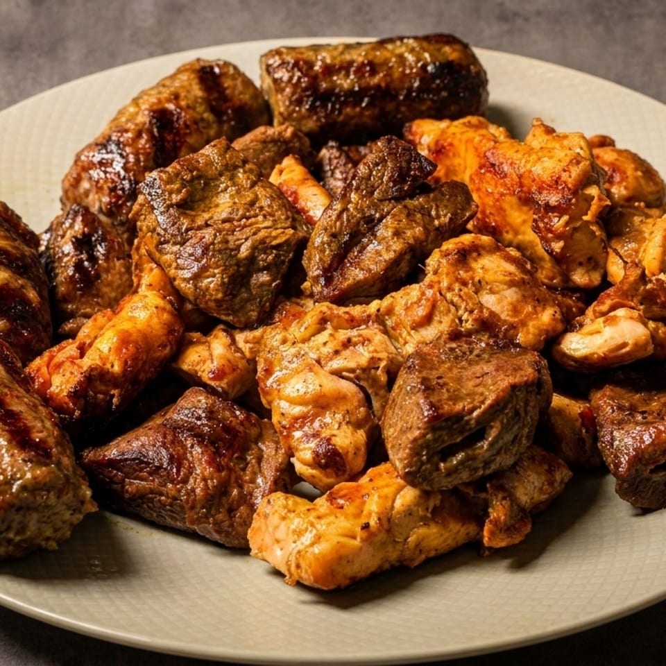 A plate filled with grilled meats, including sausages, beef chunks, and chicken pieces.